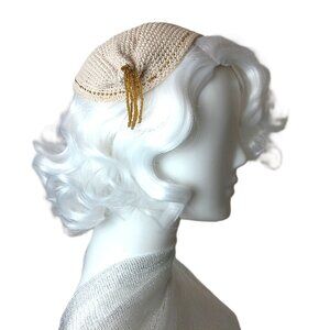 Vintage Hand-Crocheted Pillbox Fascinator Hat with golden beaded tussle